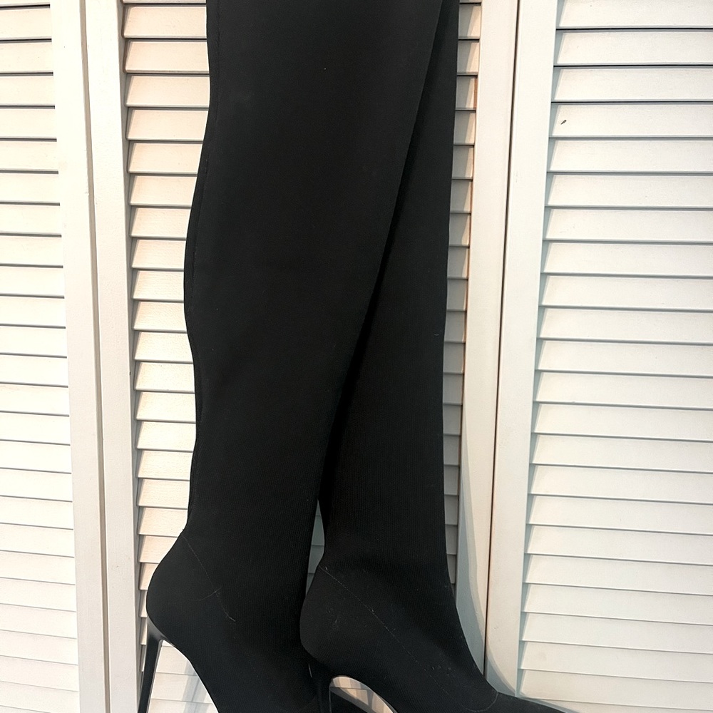 Thigh high black neoprene fabric boots!